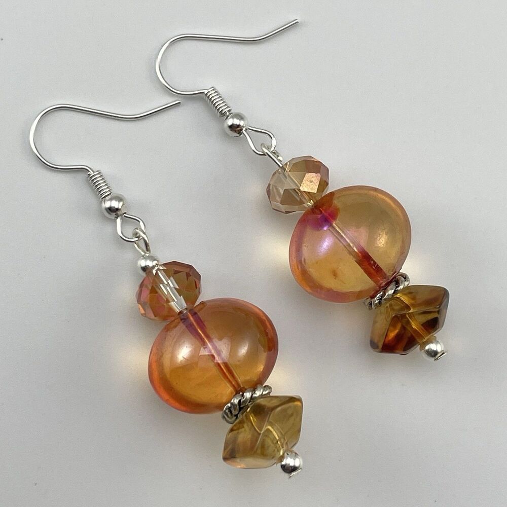 Artisan Handmade Silver Champagne Orange Blown Glass Beaded Dangle Earrings